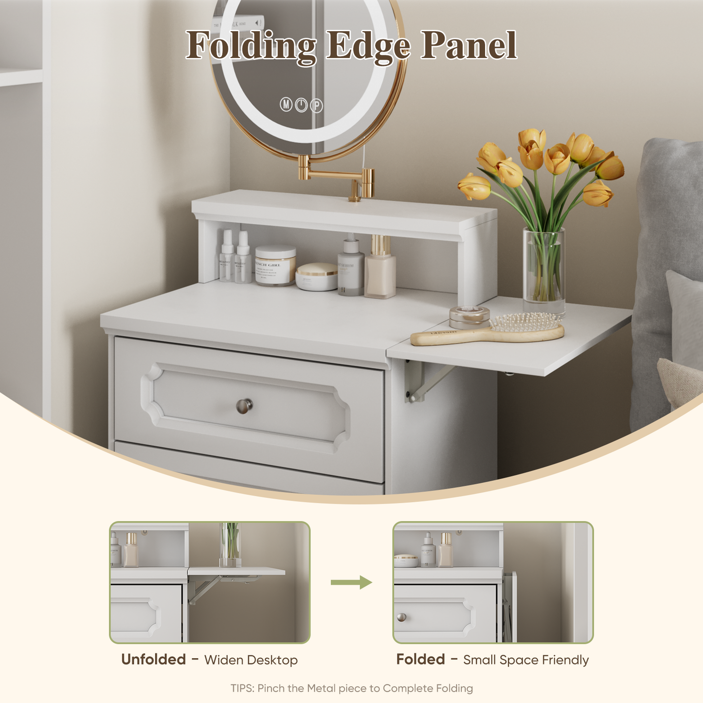 Smuxee 3 In 1 White Vanity Set with Mirror and Lights,Makeup Vanity with Drawer and Vanity Stool