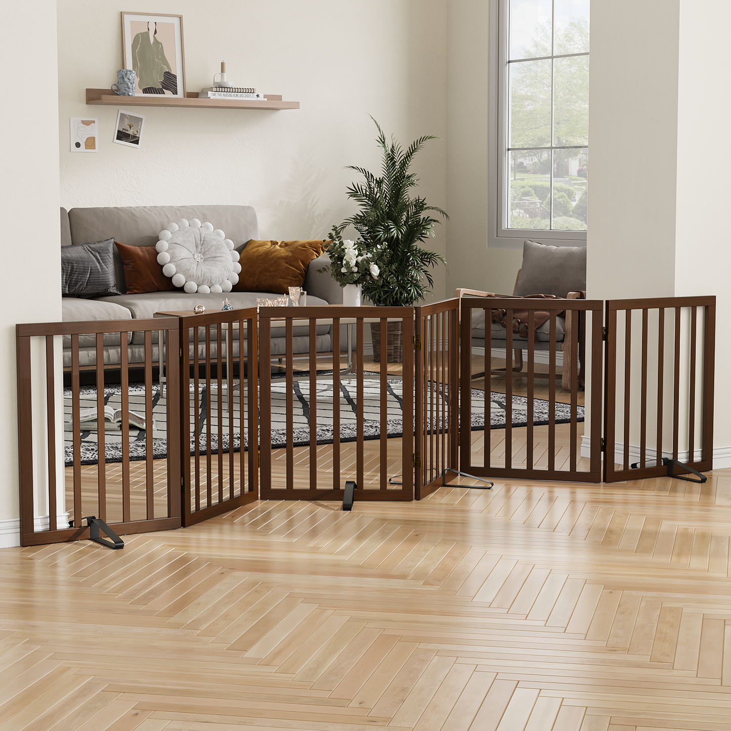 Smart FENDEE Bamboo Dog Gate Freestanding 6 Panel Pet Gate for Doorways, 4 Support Feet, Espresso