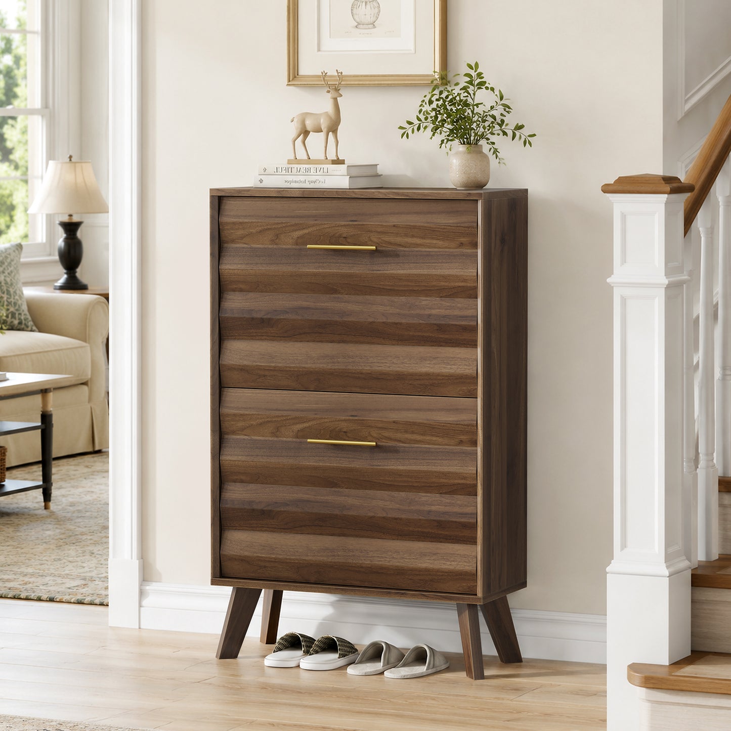 Semiocthome Mid-Century Shoe Cabinet, Shoe Storage with 2 Wavy Texture Drawers for Hallway, Walnut