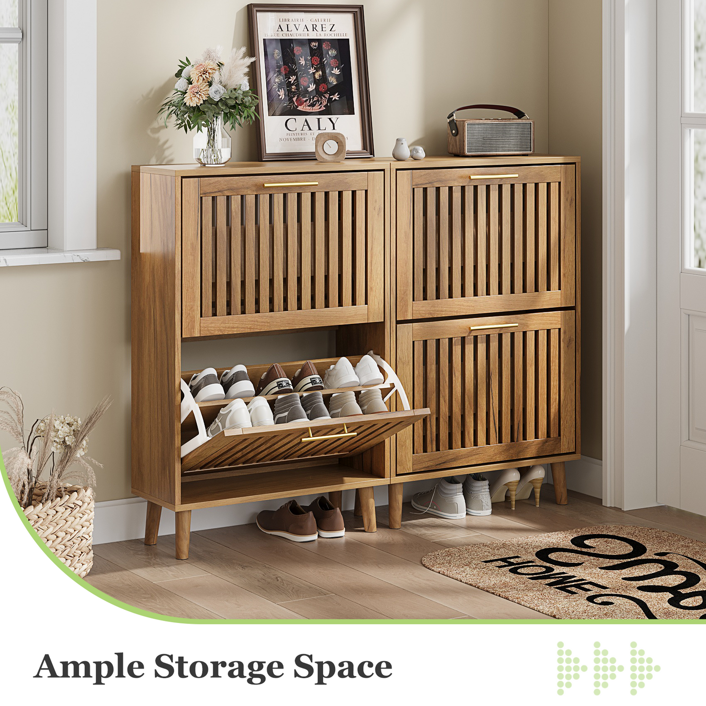 Semiocthome 23.6" Shoe Storage Cabinet with 2 Flip Louvered Drawers for Entryway, Hallway, Natural