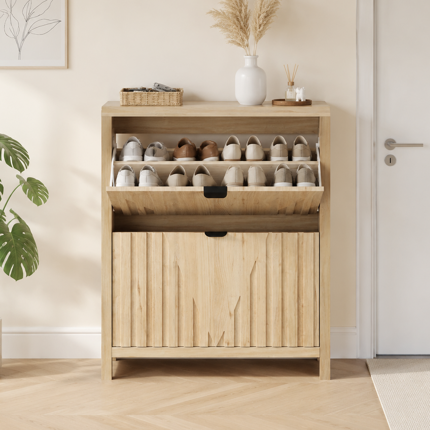 Algherohein 2 Flip Drawer Shoe Storage Cabinet, Narrow Vertical Hidden Shoe Rack Cabinet for Entryway & Hallway