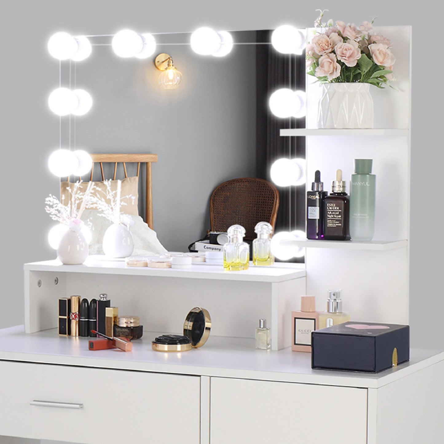Smuxee Modern Drawer Vanity Set with Mirror and LED Lights,Makeup Dresser Table with 3 Shelves