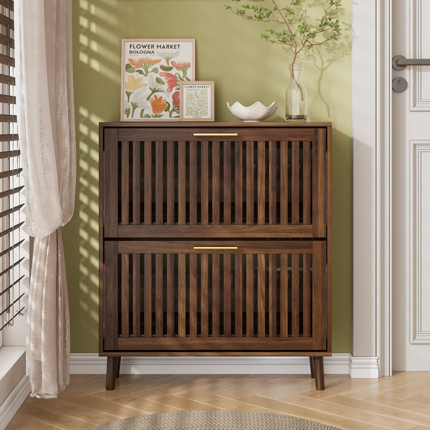 Semiocthome 31.5" Shoe Storage Cabinet with 2 Flip Louvered Drawers for Entryway, Walnut
