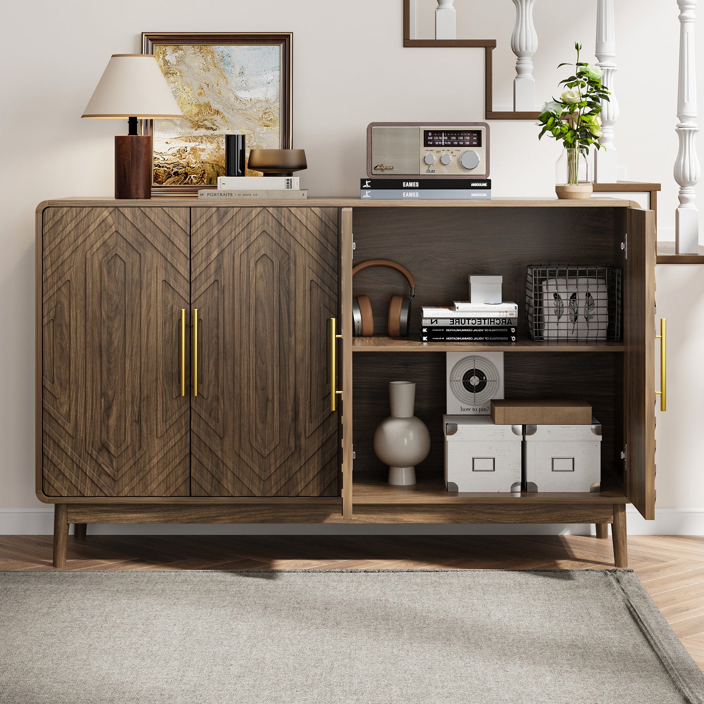 Semiocthome Sideboard with 4 Carved Door and Adjustable Shelf Coffee Bar Cabinet for Kitchen,Home,Walnut