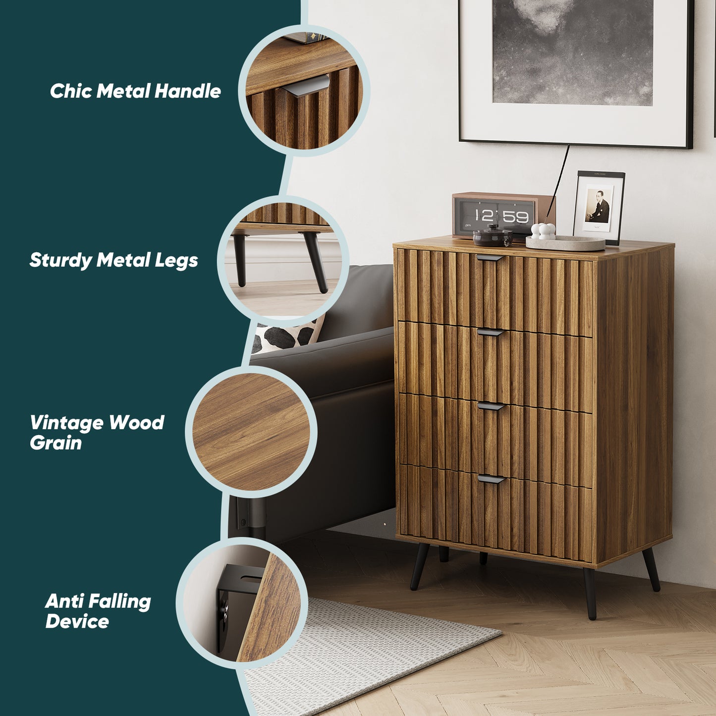 Semiocthome Dresser with 4 Fluted Drawers, Chest of Drawers Storage Cabinet, Walnut, Adult