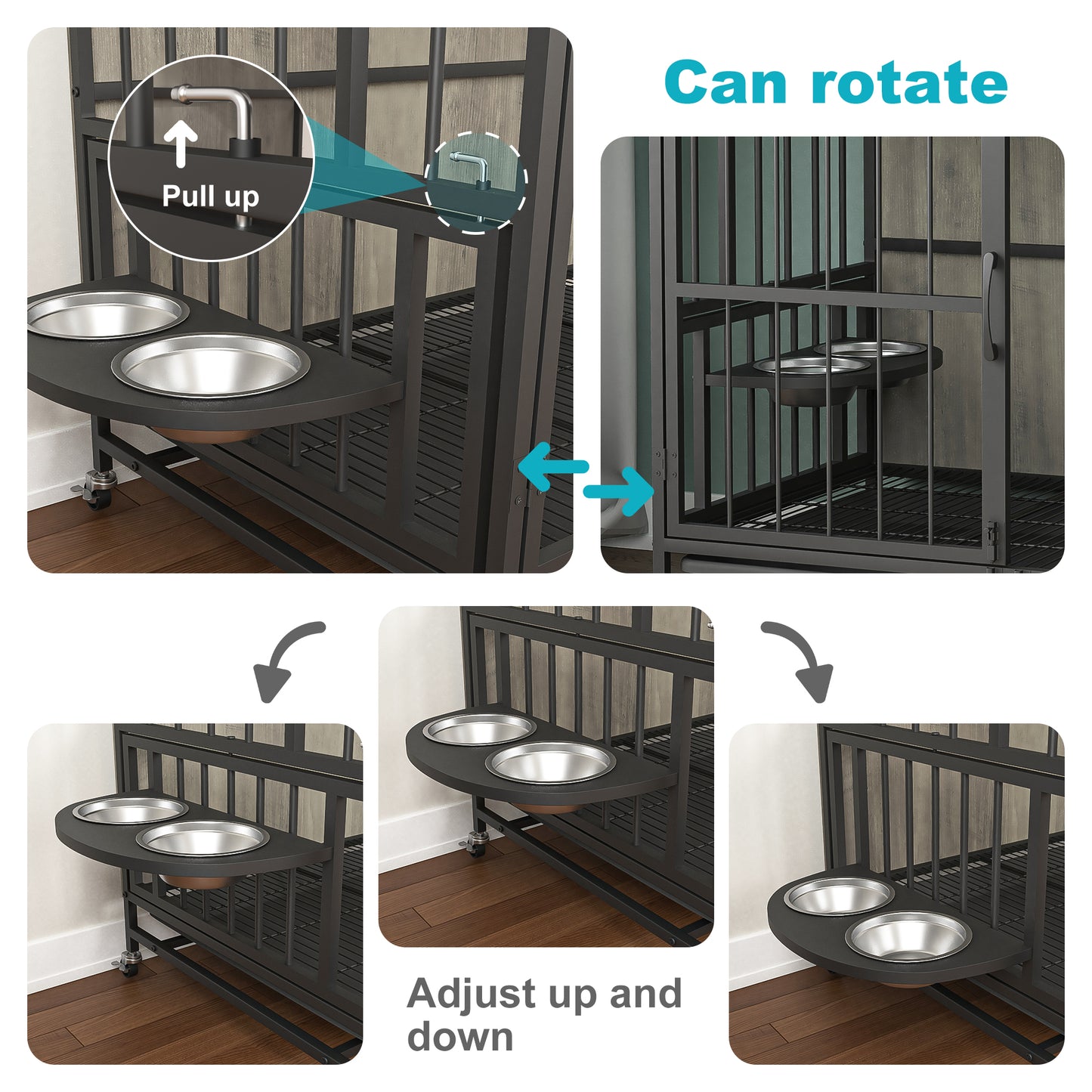 Smart FENDEE Modern Pet Kennel Dog Crate with Adjustable Feeding Bowls