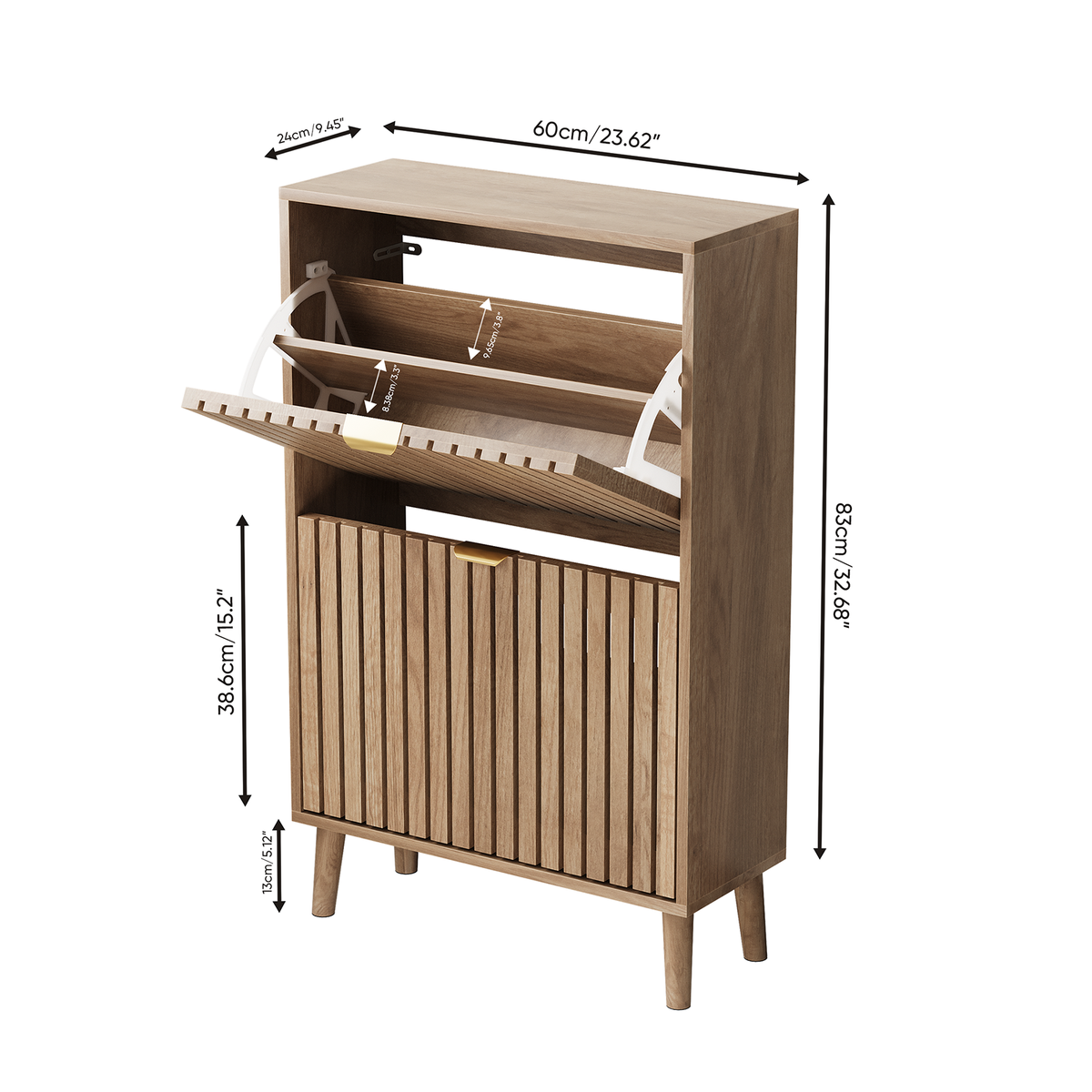 Semiocthome 23.6" Shoe Cabinet, Shoe Storage Cabinet with 2 Flip Drawers, Ventilated Grille Design,Tall Legs, Entryway, Natural