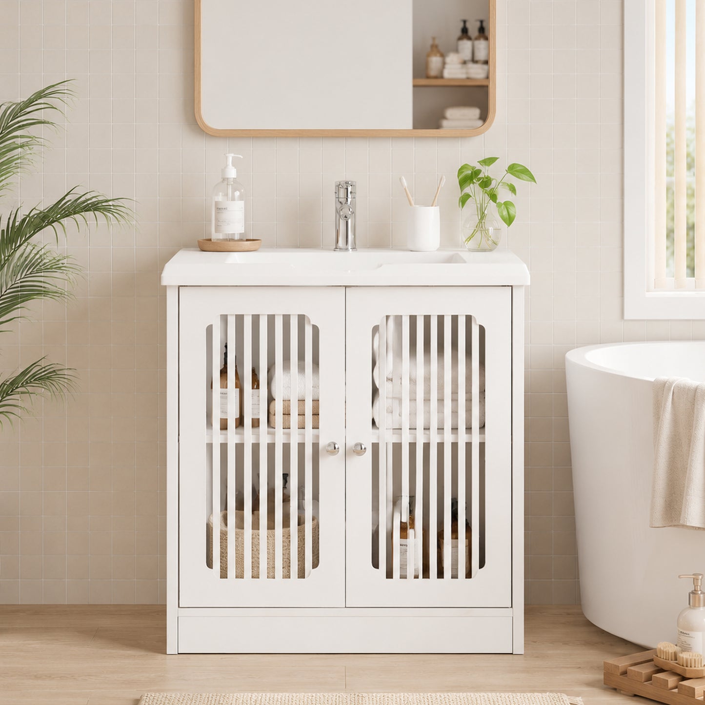 Semiocthome Modern Bathroom Vanity Under Sink Pedestal with 2 Doors and Adjustable Shelf, White