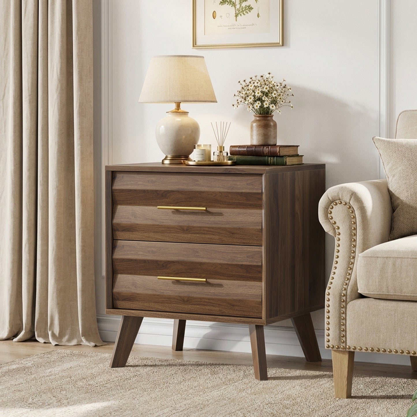 Semiocthome Nightstand with 2 Drawers and Unique 3D Fluted Design, Bedside Table for Bedroom, Walnut