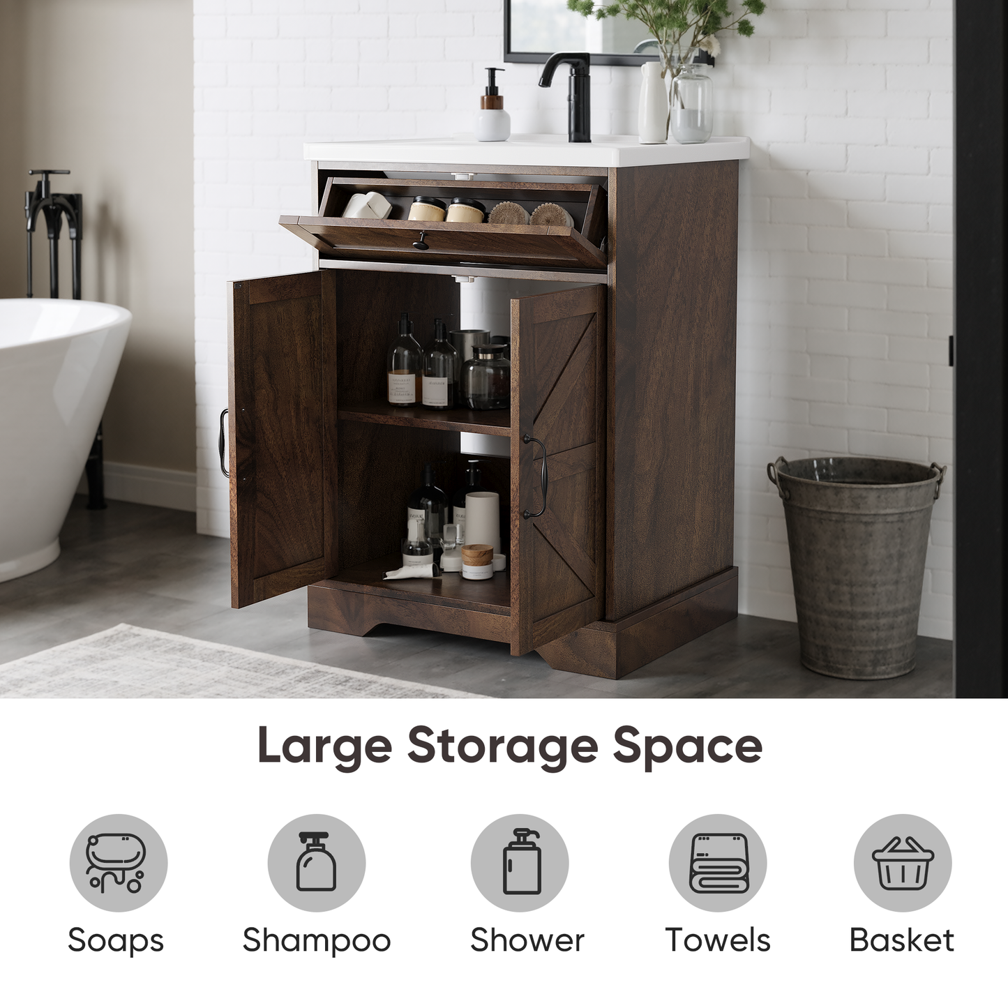 24" Bathroom Vanity with Ceramic Sink, Freestanding Bathroom Storage Cabinet with Barn Door and Flip-Down Drawer, Walnut
