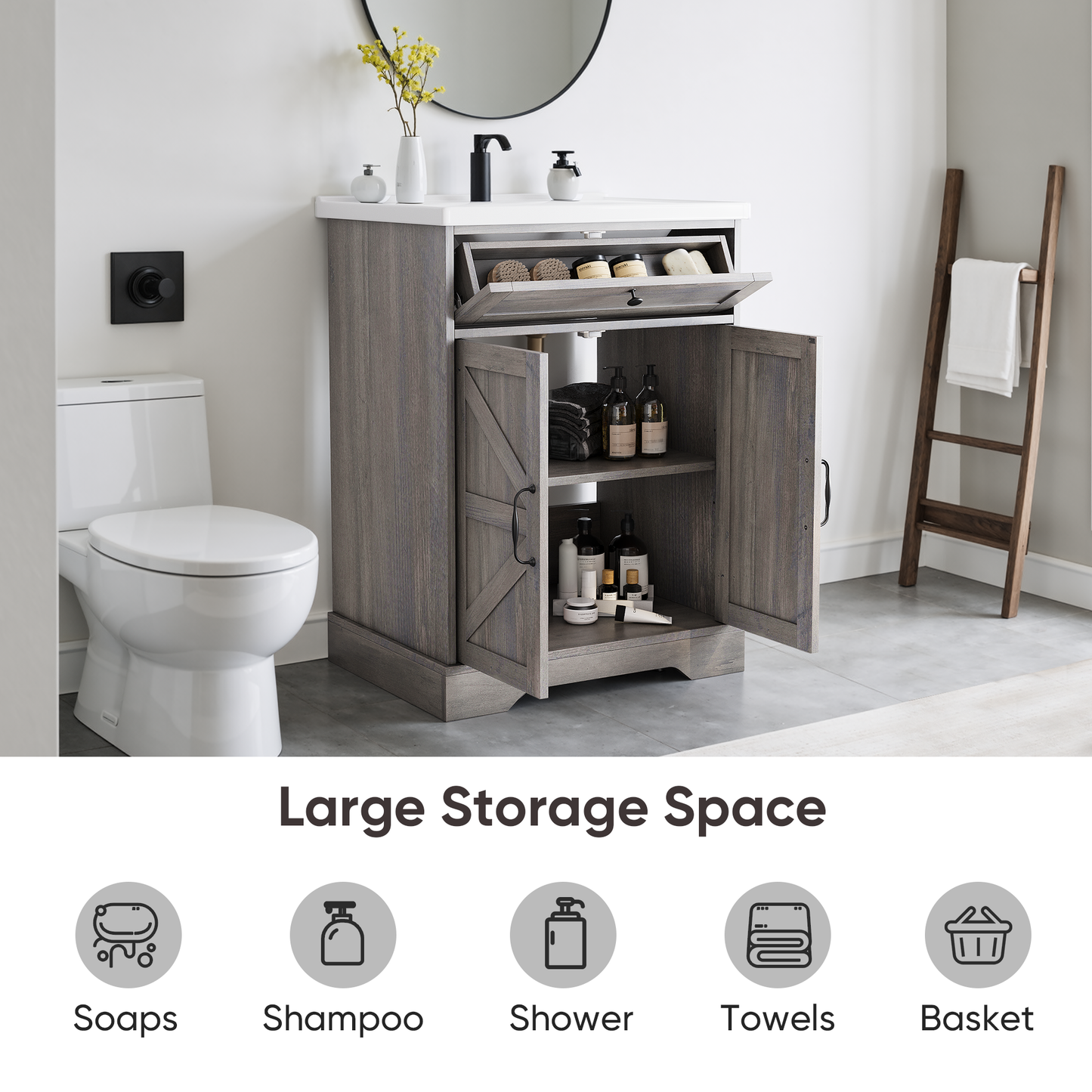 Smuxee 24" Bathroom Vanity with Integrated Sink Top, Bathroom Storage Cabinet with Flip Drawer & Doors
