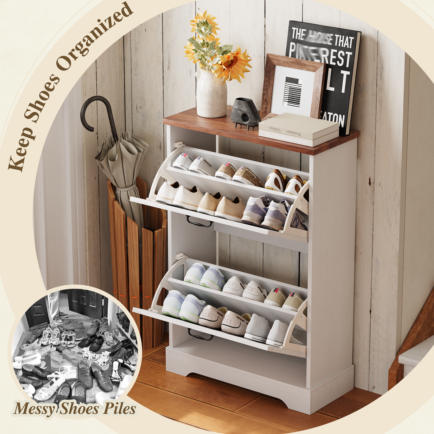 Algherohein Farmhouse Shoe Cabinet Entryway,Shoe Storage Cabinet with 2 Flip Drawers,Gray
