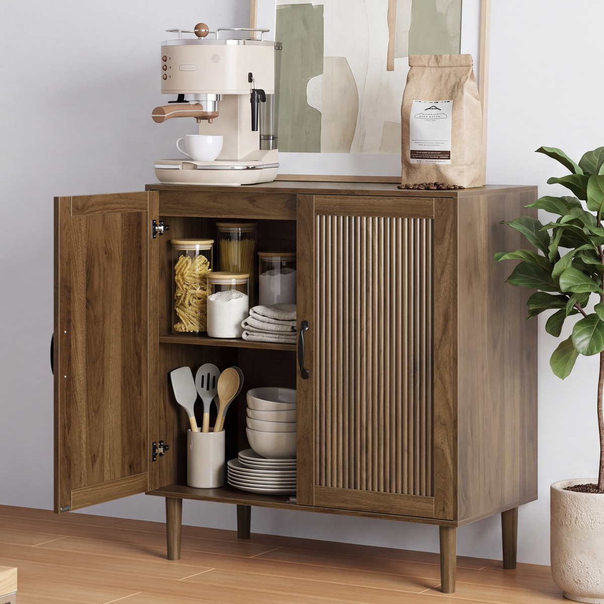 Smuxee Fluted Sideboard Storage Cabinet, Freestanding Mid-Century Modern Reeded Double Door Accent Cabinet