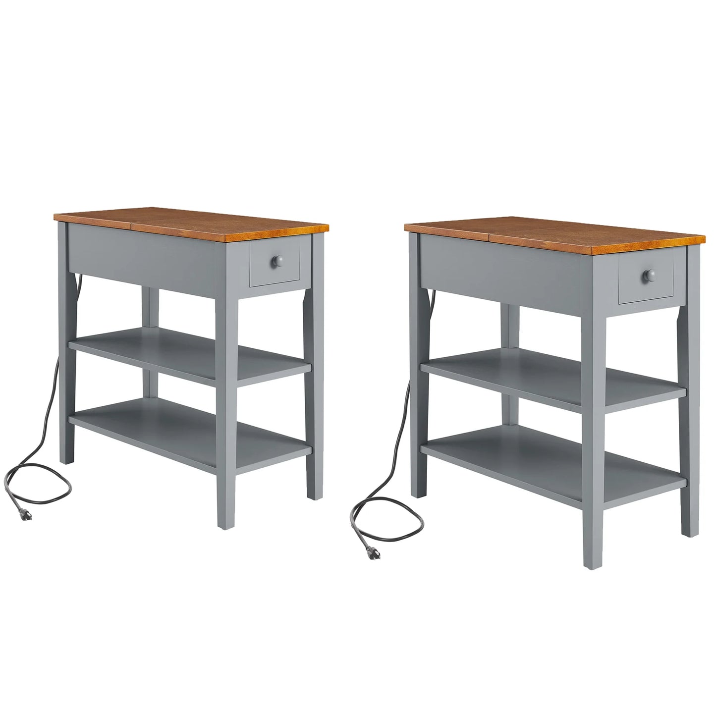 Smart FENDEE End Table with Charging Station and 1 Drawer, 2 Shelf, Solid Wood Legs, Bedroom,11.8"*24"*24.2"