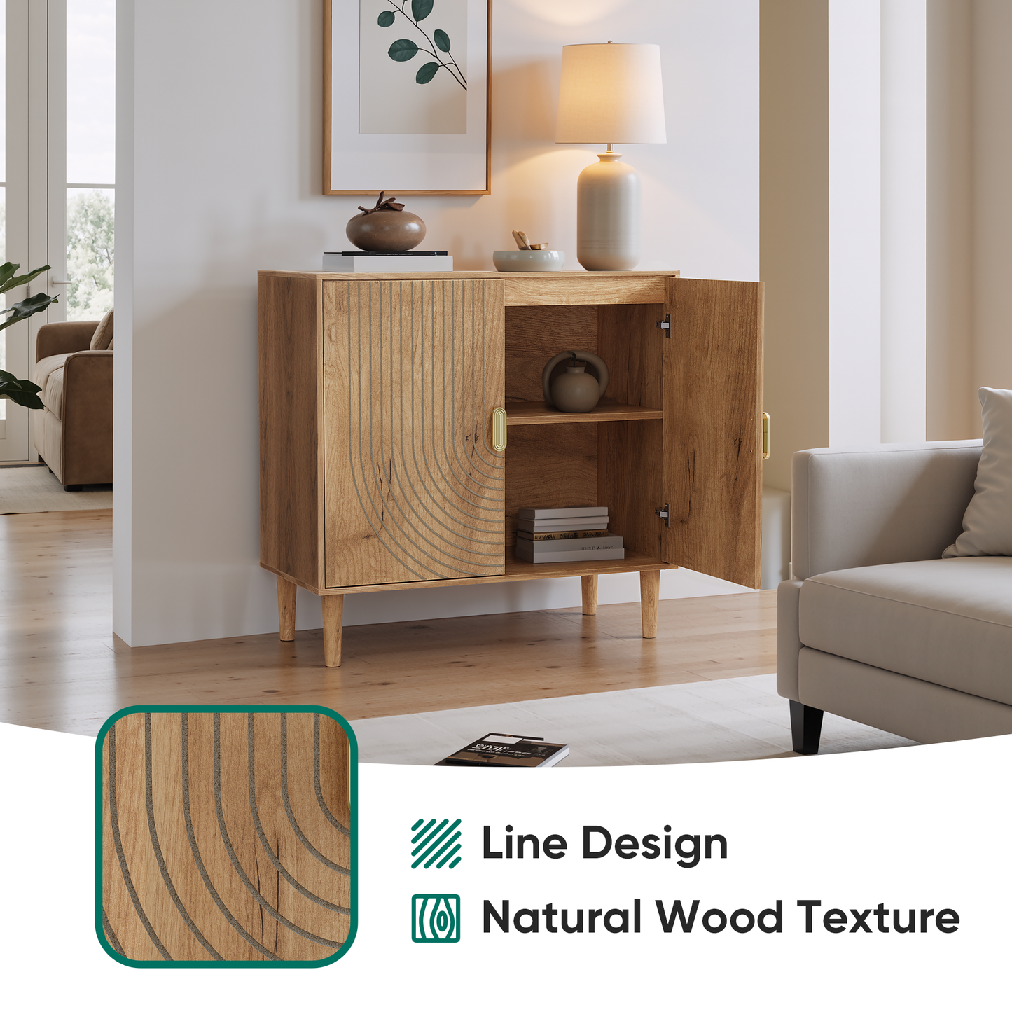 Semiocthome Sideboard Buffet Cabinet with Adjustable Shelf, Line Groove Design, Kitchen, Natural