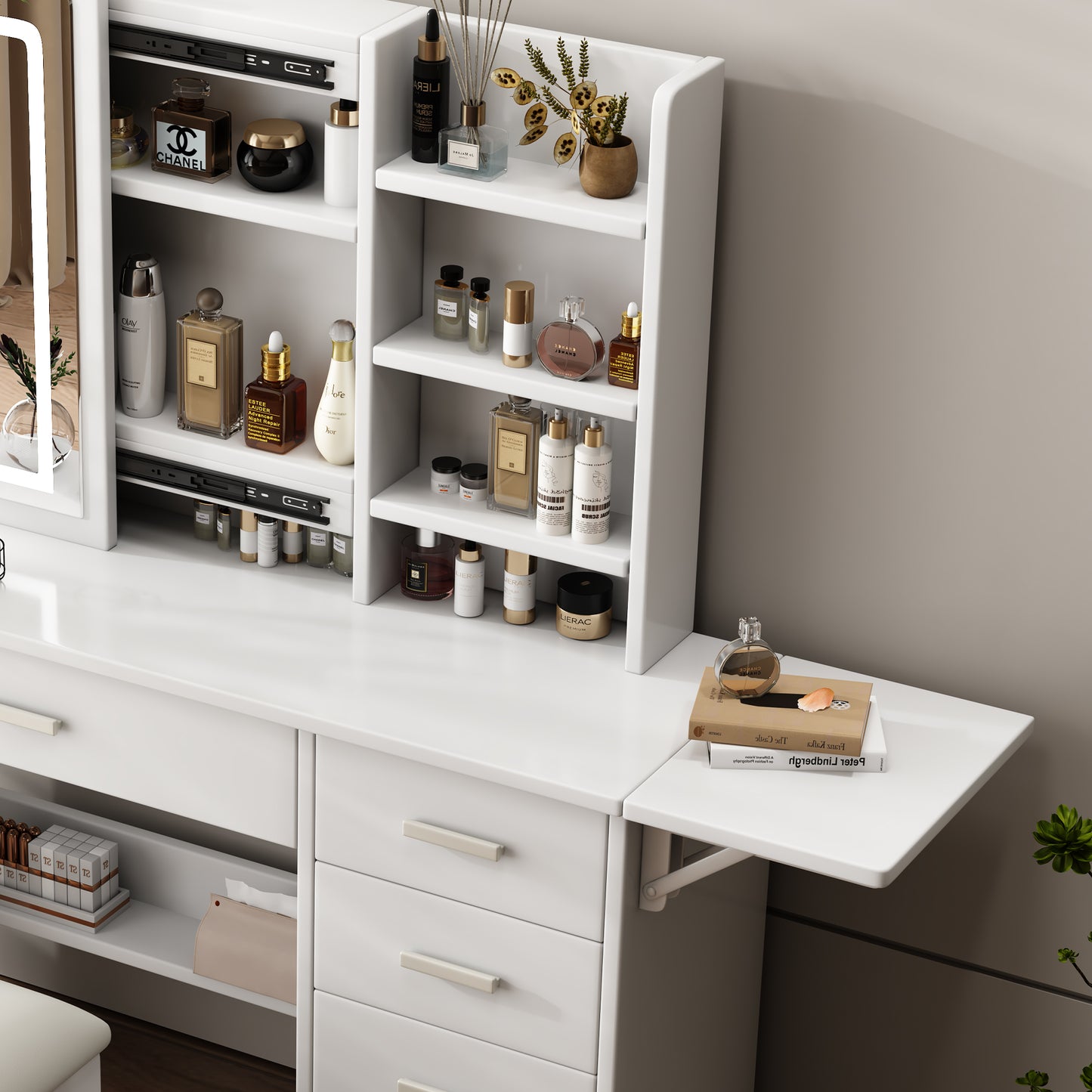 Smart FENDEE Modern Vanity Table Set with Mirror Lights, 5 Shelves,5 Drawers,Bedroom,White