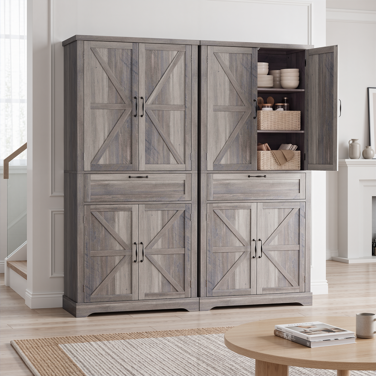Smuxee Farmhouse Tall Kitchen Pantry Storage Cabinet with 4 Barn-Style Doors & Central Drawer for Kitchen, Dining Room, Living Room, Entryway