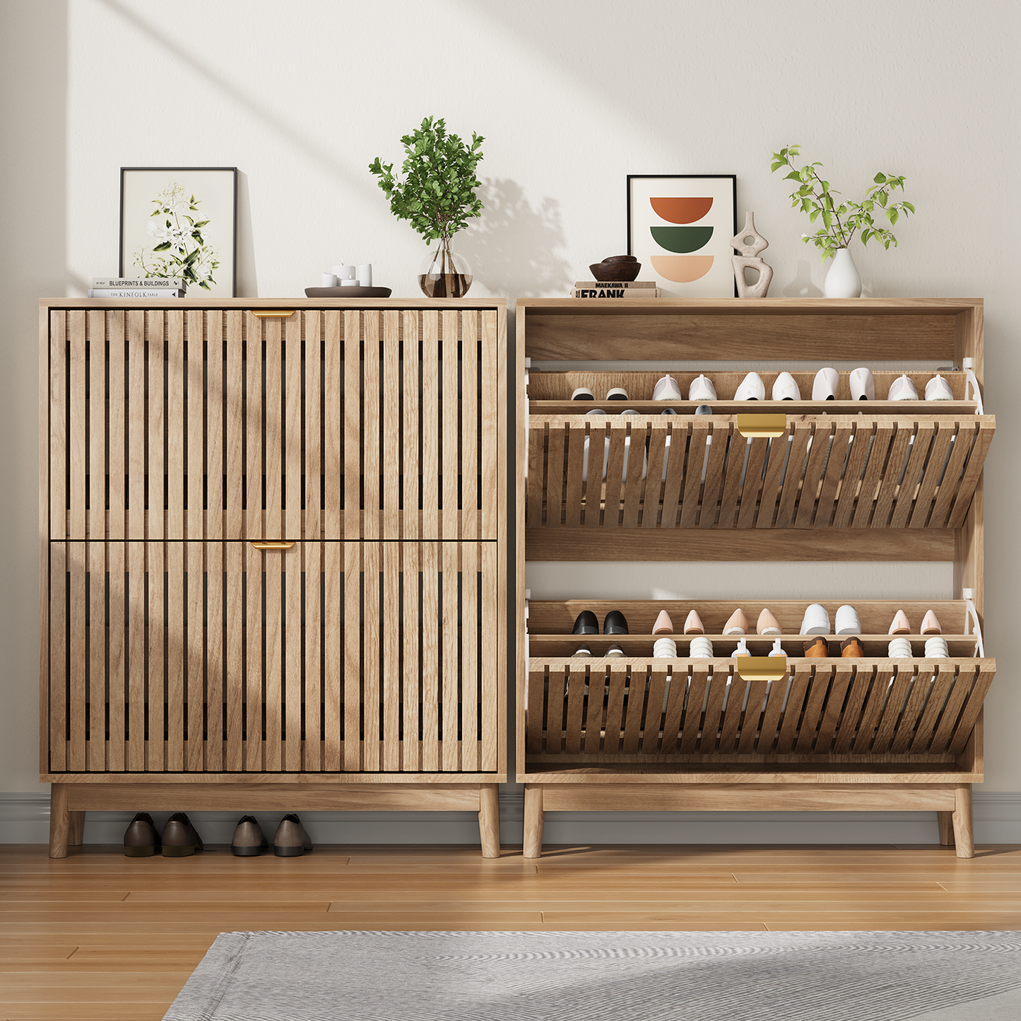 Semiocthome 31.5" Modern Shoe Cabinet, Shoe Storage Cabinet with 2 Flip Drawers for Entryway, Natural