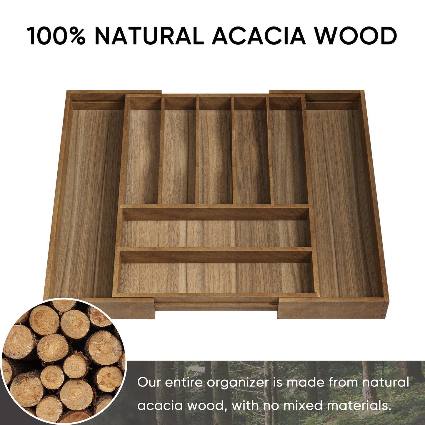 Semiocthome Acacia Wood Silverware Organizer Expandable Storage Drawer Organizer for Kitchen,9 Slot