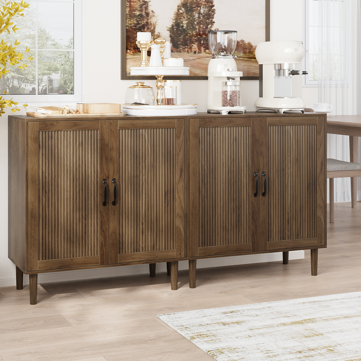 Semiocthome 31.5” Buffet Cabinet with 2 Doors and Adjustable Shelf, Gradien Fluted Design, Kitchen, Walnut