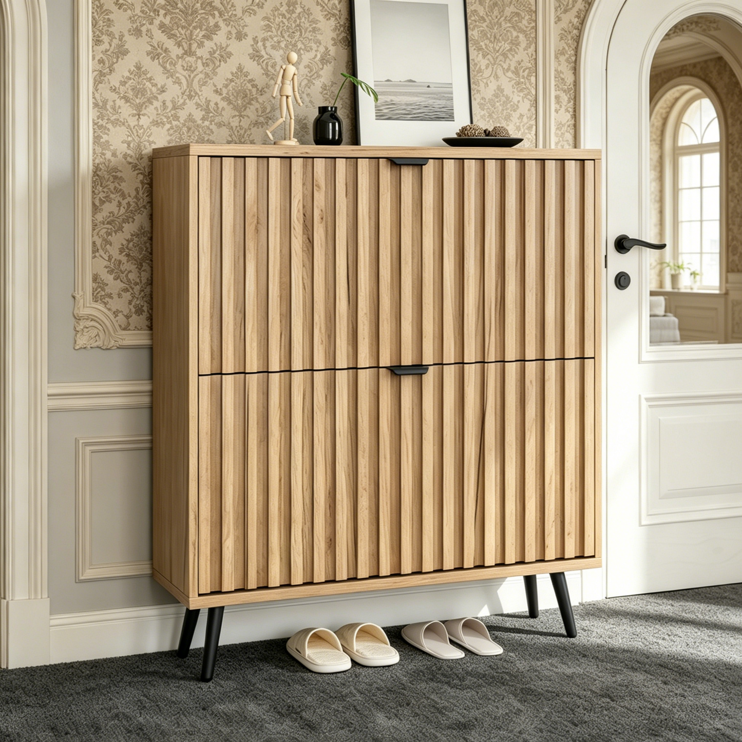Algherohein Slim Shoe Storage Cabinet with Flip-Down Drawers,Freestanding Shoe Organizer for Entryway