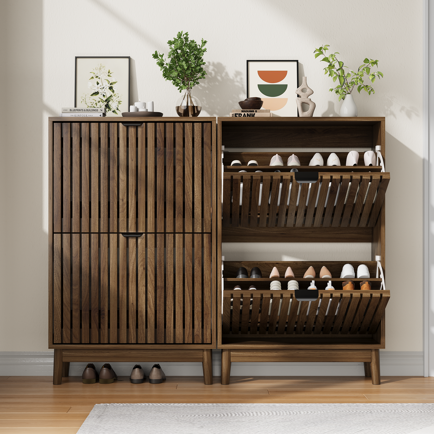 Algherohein 23.6"W Entryway Shoe Cabinet with Flip-Down Drawers, Freestanding Wooden Shoe Storage Cabinet, Walnut