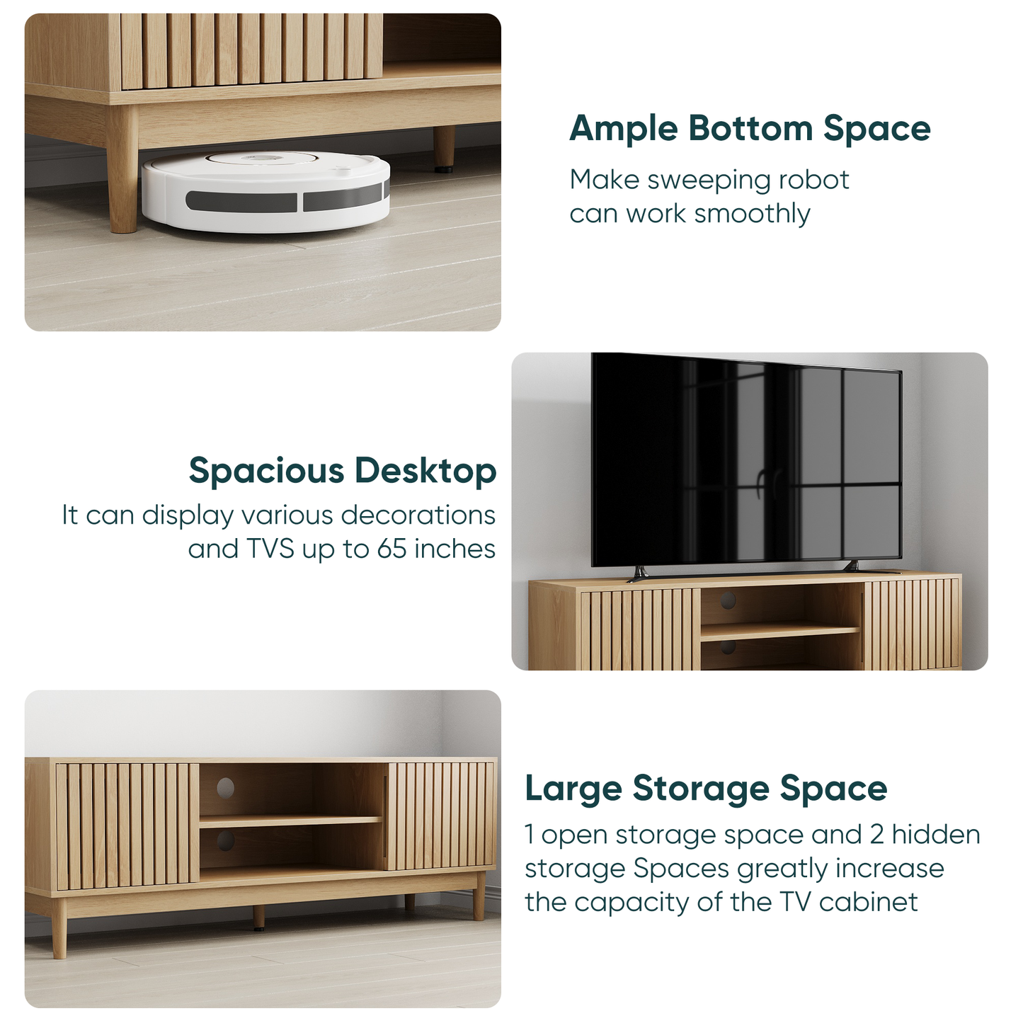 Semiocthome 55" TV Stand with Slatted Doors and Cable Holes, Entertainment Center for Living Room, Natural