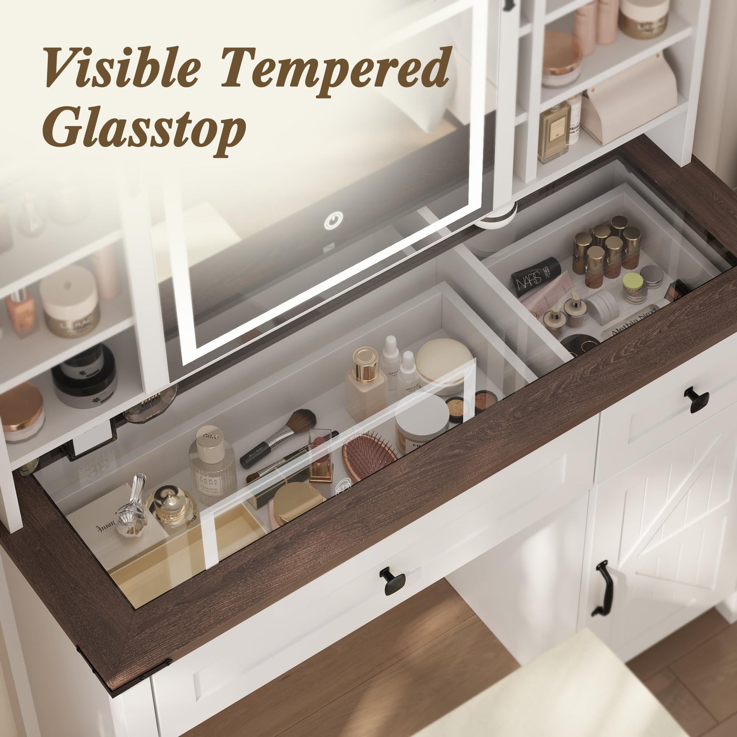 Smart FENDEE Farmhouse Makeup Vanity with Power Outlet,Glass Top,Sliding Mirror, Bedroom,White,Adult