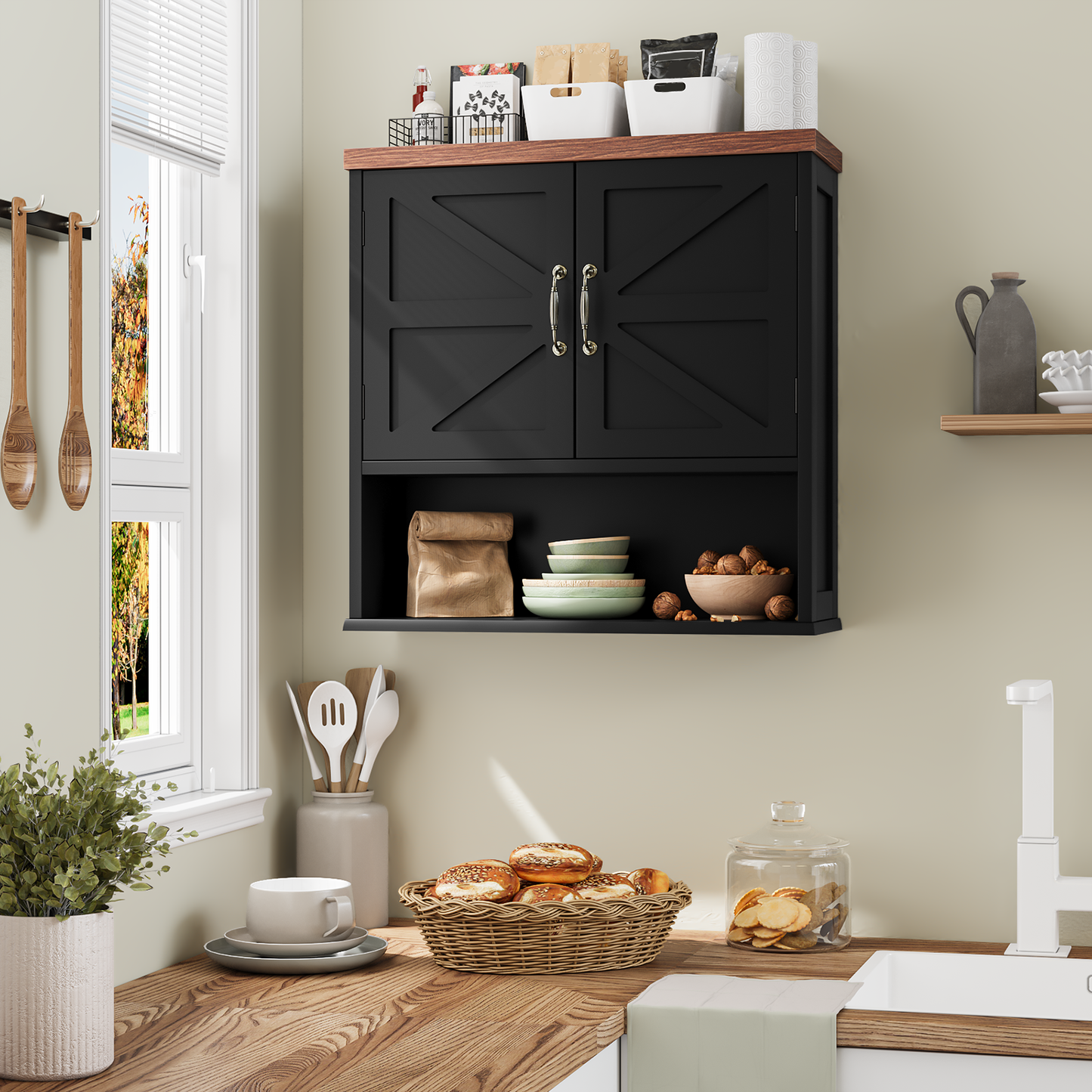 Semiocthome Farmhouse Bathroom Cabinet Medicine Cabinet with Adjustable Shelf for Bathroom, Black