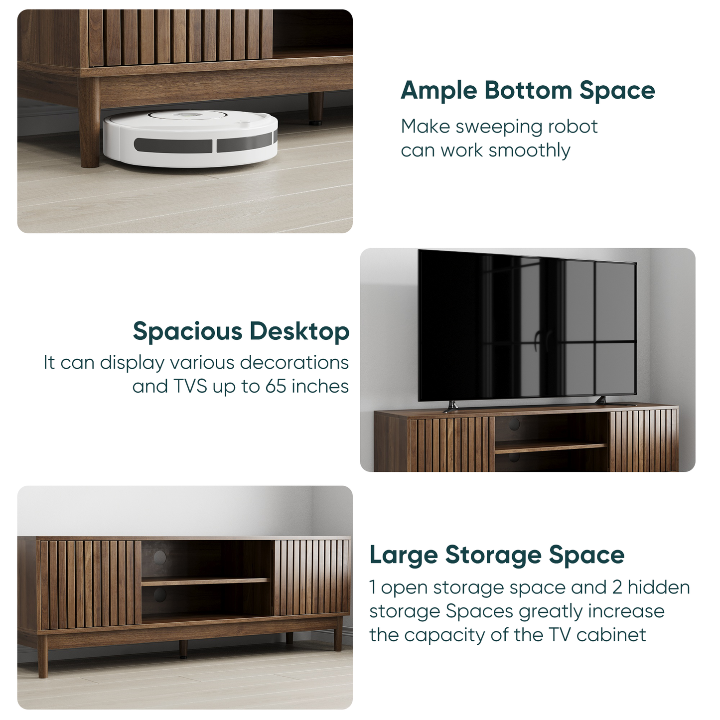 Semiocthome 55" TV Stand with Slatted Doors and Cable Holes, Entertainment Center for Living Room, Walnut
