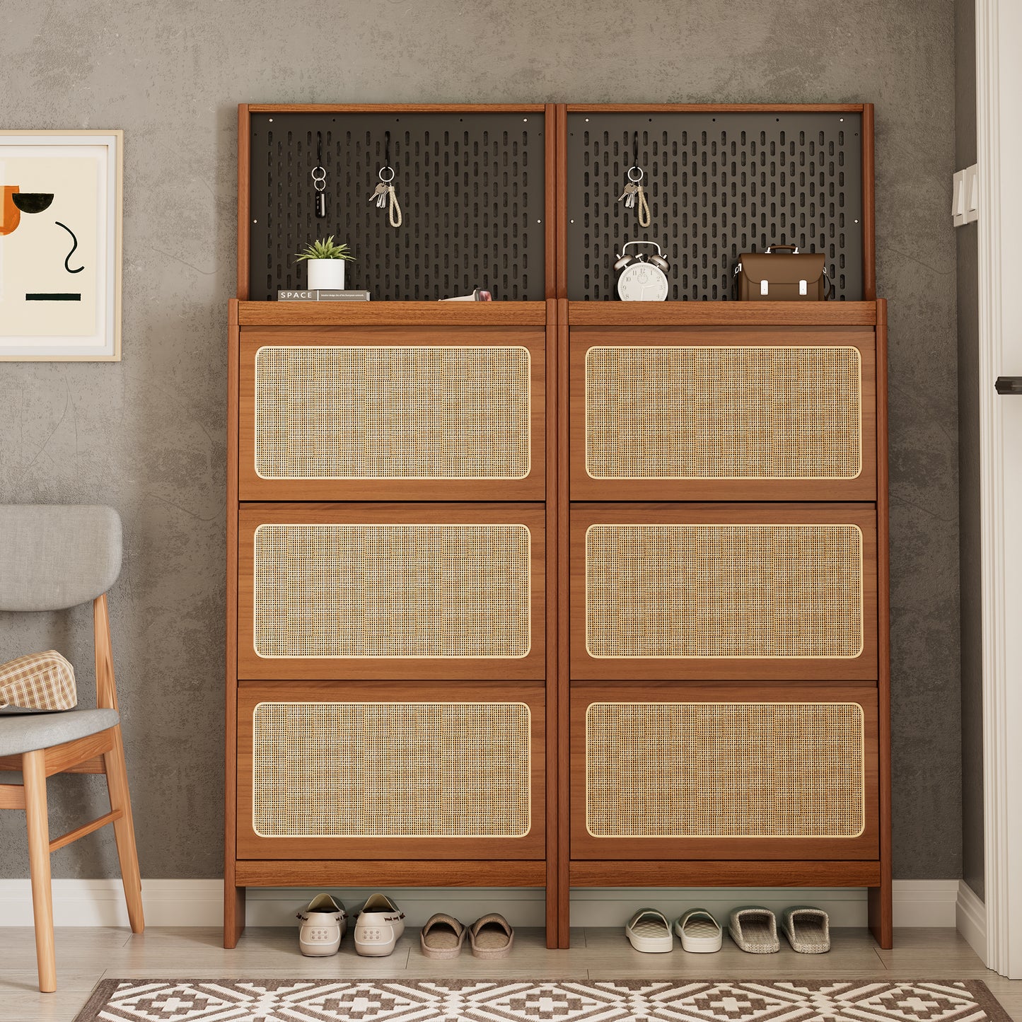 Smart FENDEE Modern Shoe Cabinet with Flip Drawer and Black Pegboard Shoe Rack for Entryway,Walnut