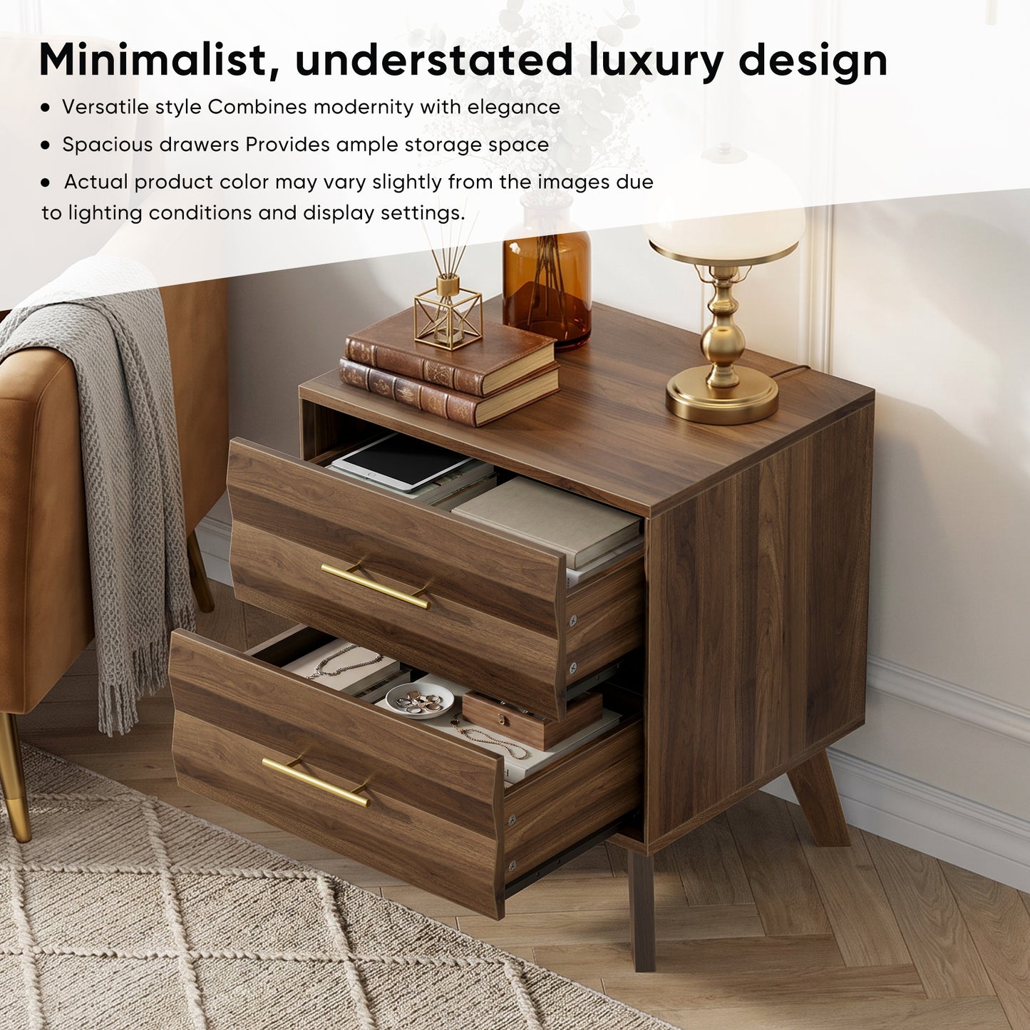 Semiocthome Nightstand with 2 Drawers and Unique 3D Fluted Design, Bedside Table for Bedroom, Walnut