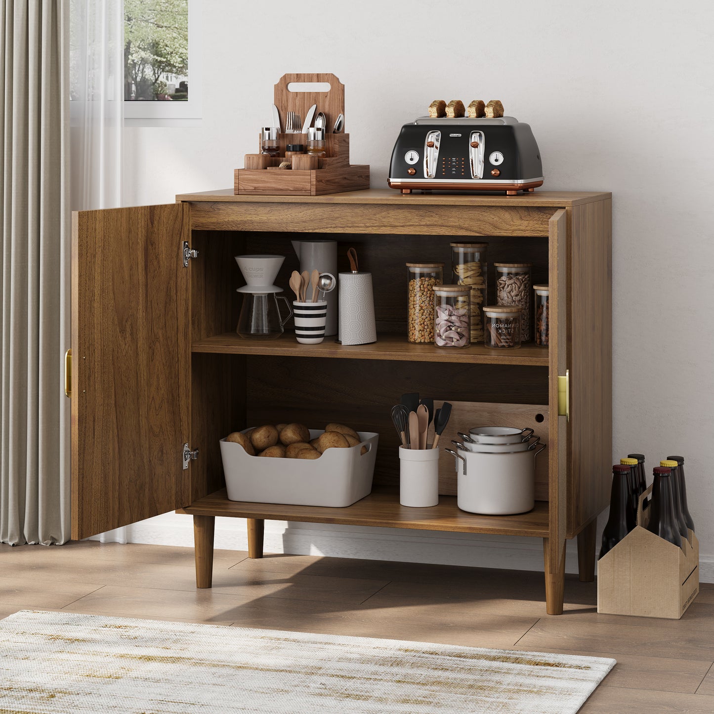 Semiocthome Kitchen Sideboard Buffet Cabinet with Adjustable Shelf, Line Groove Door, Walnut Finish, Set of 2