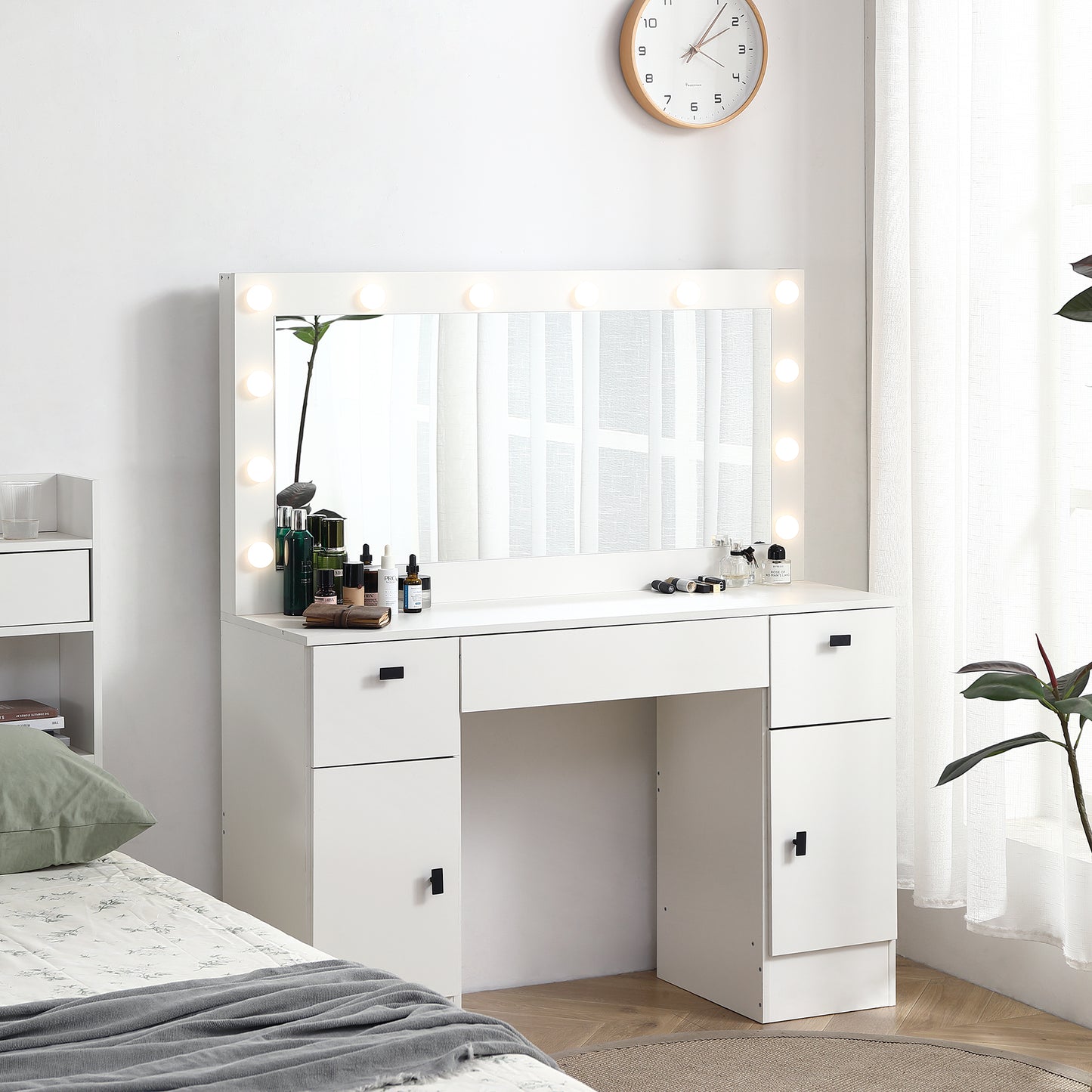 Semiocthome Modern Makeup Vanity Table with 3 Color LED Mirror,3 Drawers,2 Storage Cabinet,White