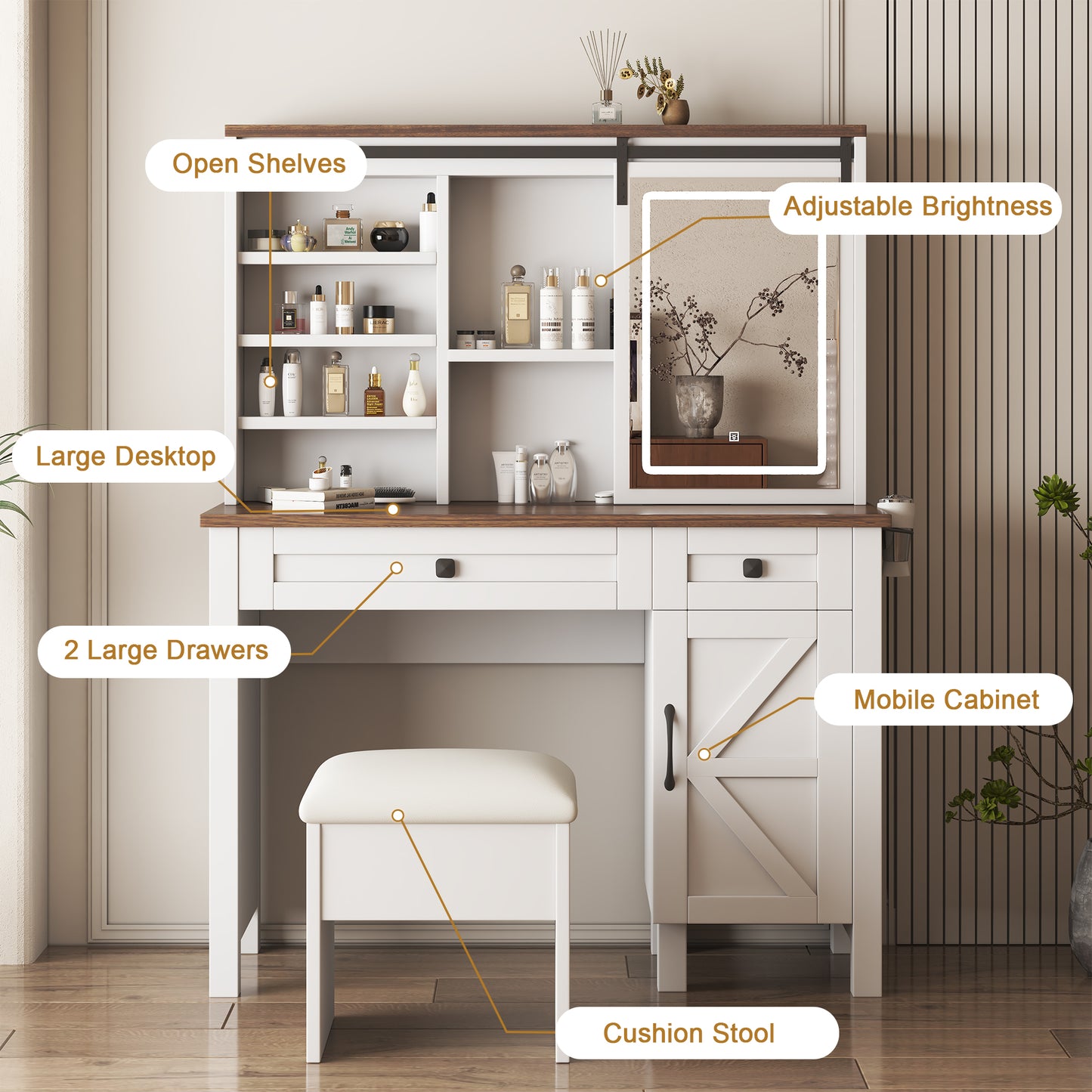 Semiocthome Farmhouse Makeup Vanity Table with Sliding Mirror