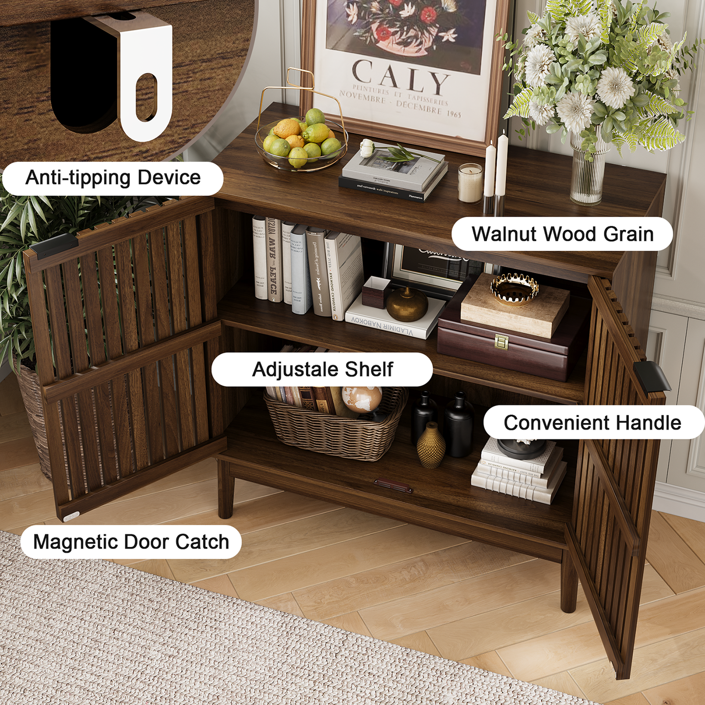 Semiocthome 31.5” Buffet Cabinet with 2 Slatted Doors and 1 Adjustable Shelf for Kitchen, Walnut