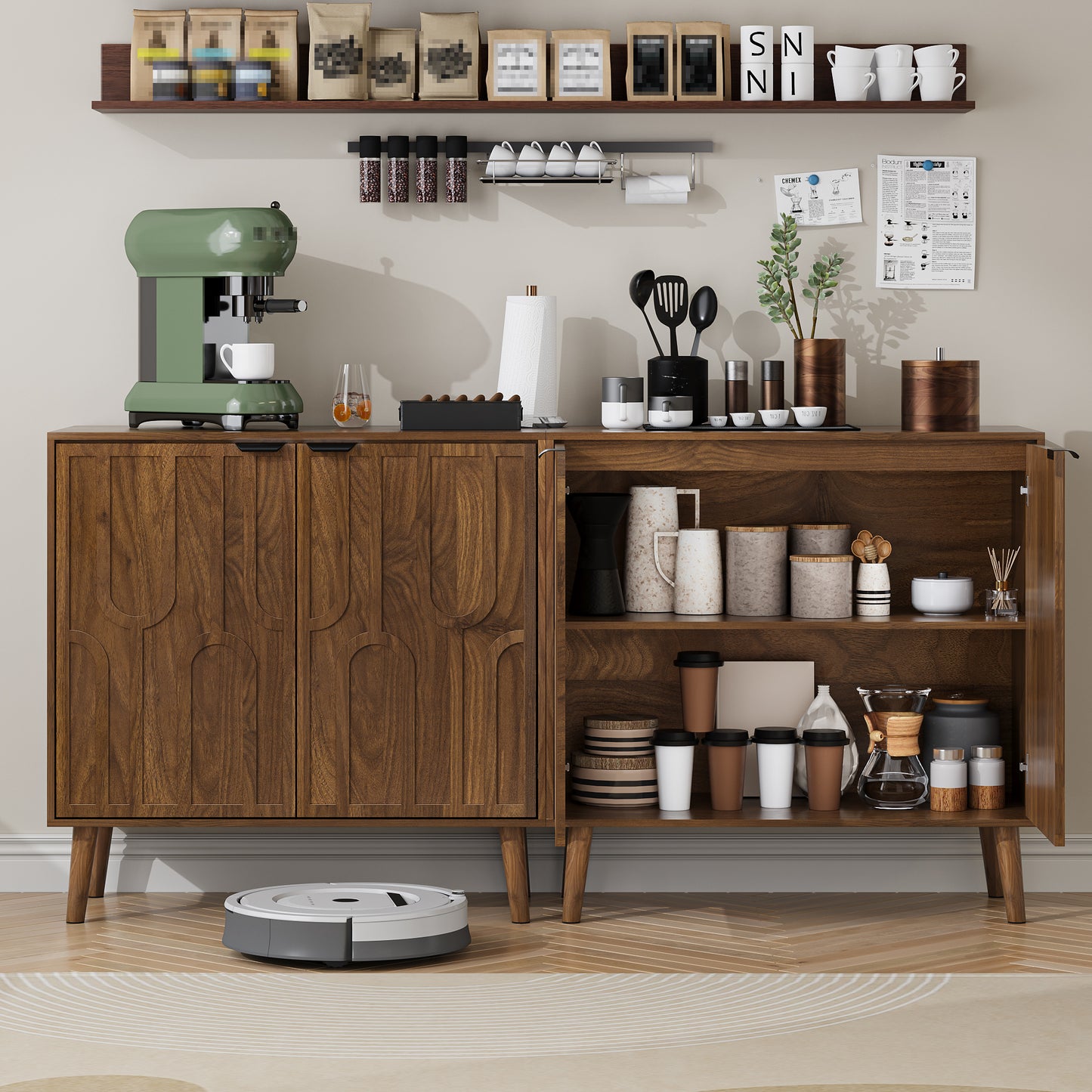 Semiocthome 32" Farmhouse Sideboard Buffet Cabinet, Wood Storage Cabinet, Walnut