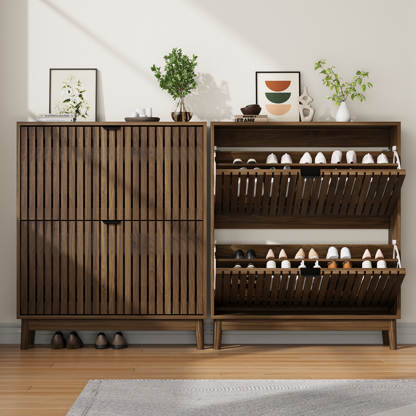 Semiocthome 31.5" Modern Shoe Cabinet, Shoe Storage Cabinet with 2 Flip Drawers for Entryway, Walnut