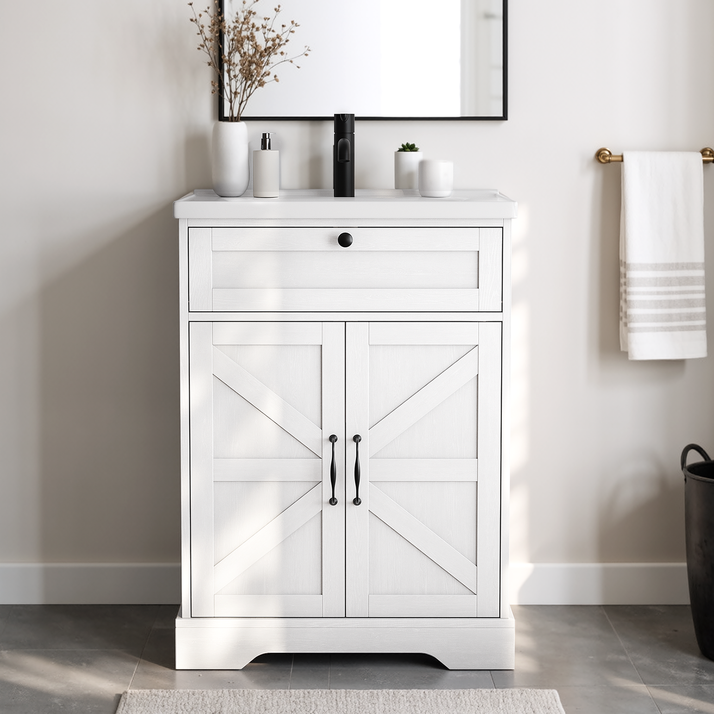 24" Bathroom Vanity with Ceramic Sink, Freestanding Bathroom Storage Cabinet with Barn Door and Flip-Down Drawer, White