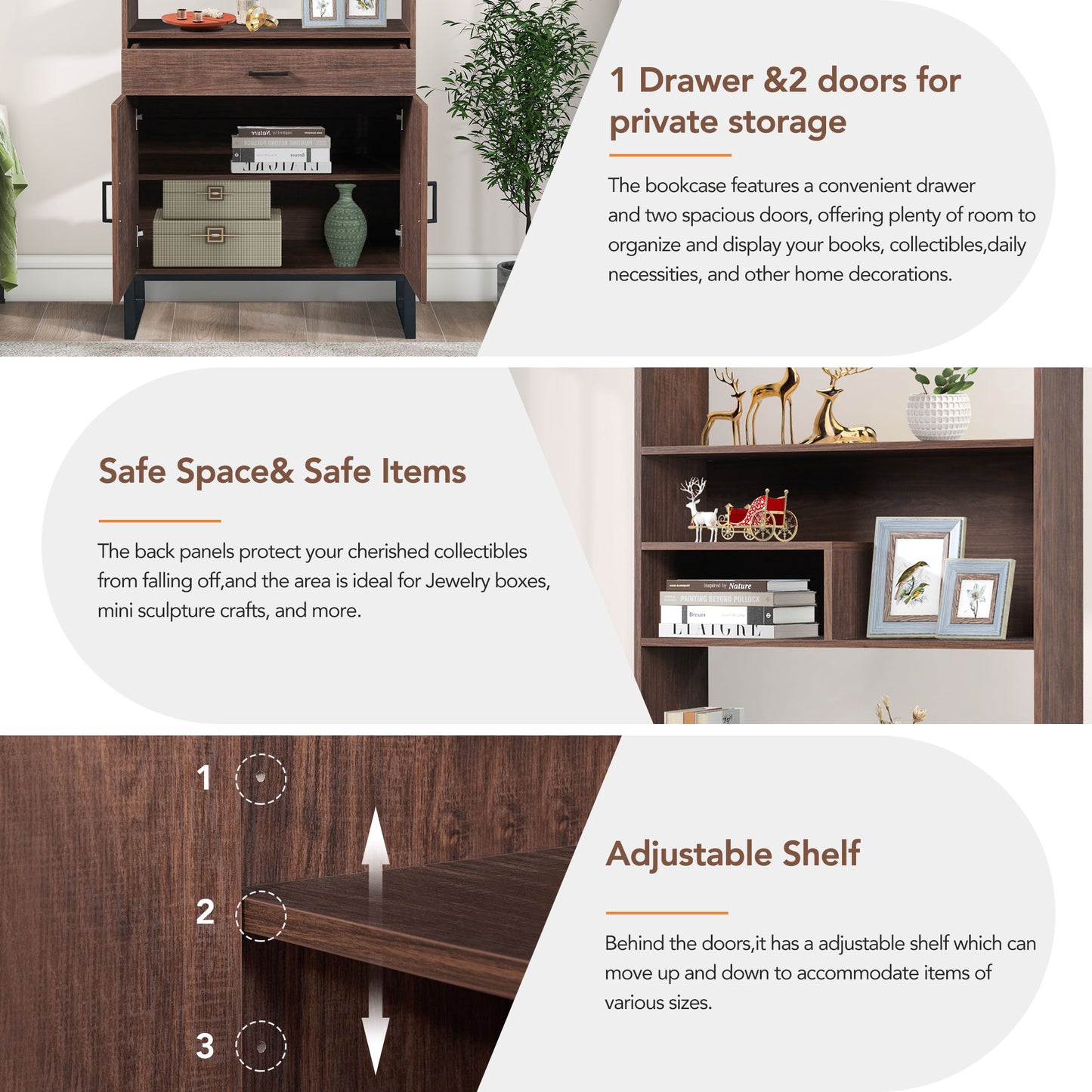 Semiocthome 75.9" Wooden Bookcase with Storage Doors and drawer Display Rack for Living Room,Brown