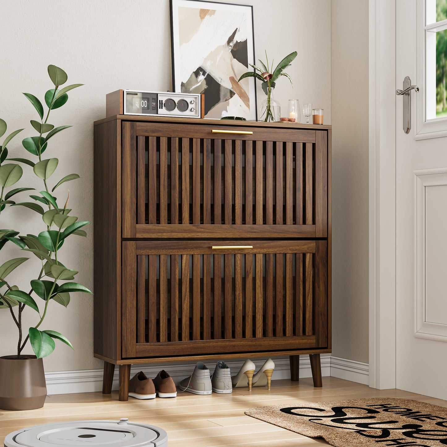 Semiocthome 31.5" Shoe Storage Cabinet with 2 Flip Louvered Drawers for Entryway, Walnut