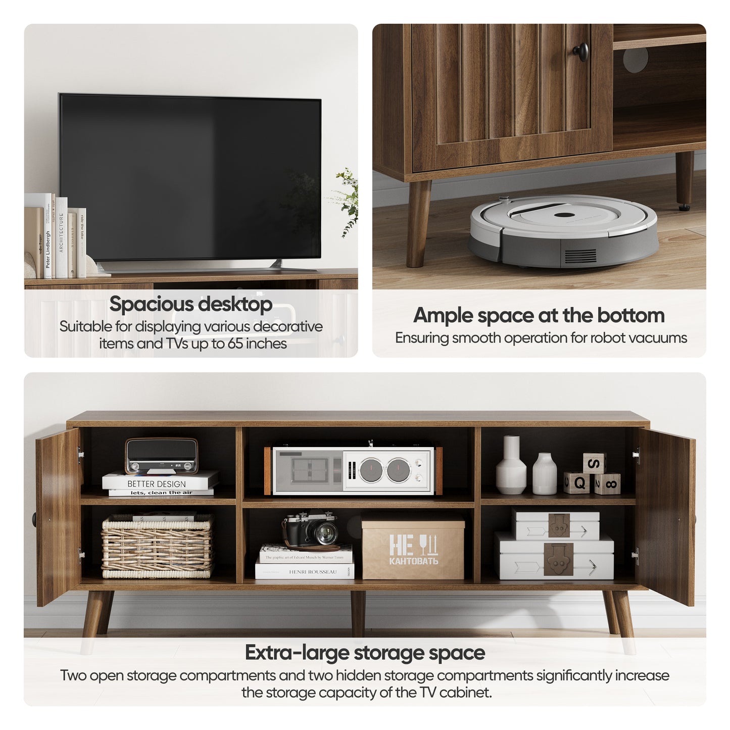 Semiocthome Mid-Century Walnut TV Stand with 2 Vertical Groove Doors, Media Console for Living Room