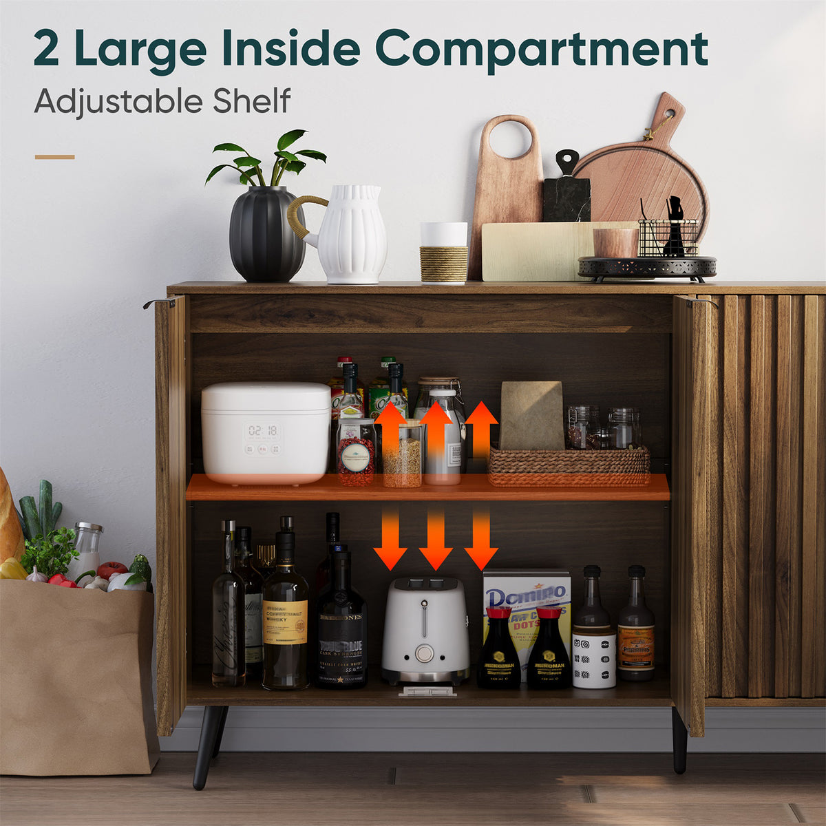 Semiocthome Sideboard Storage Cabinet with 4 Fluted Doors and 2 Shelves, Kitchen, Dining Room, Walnut