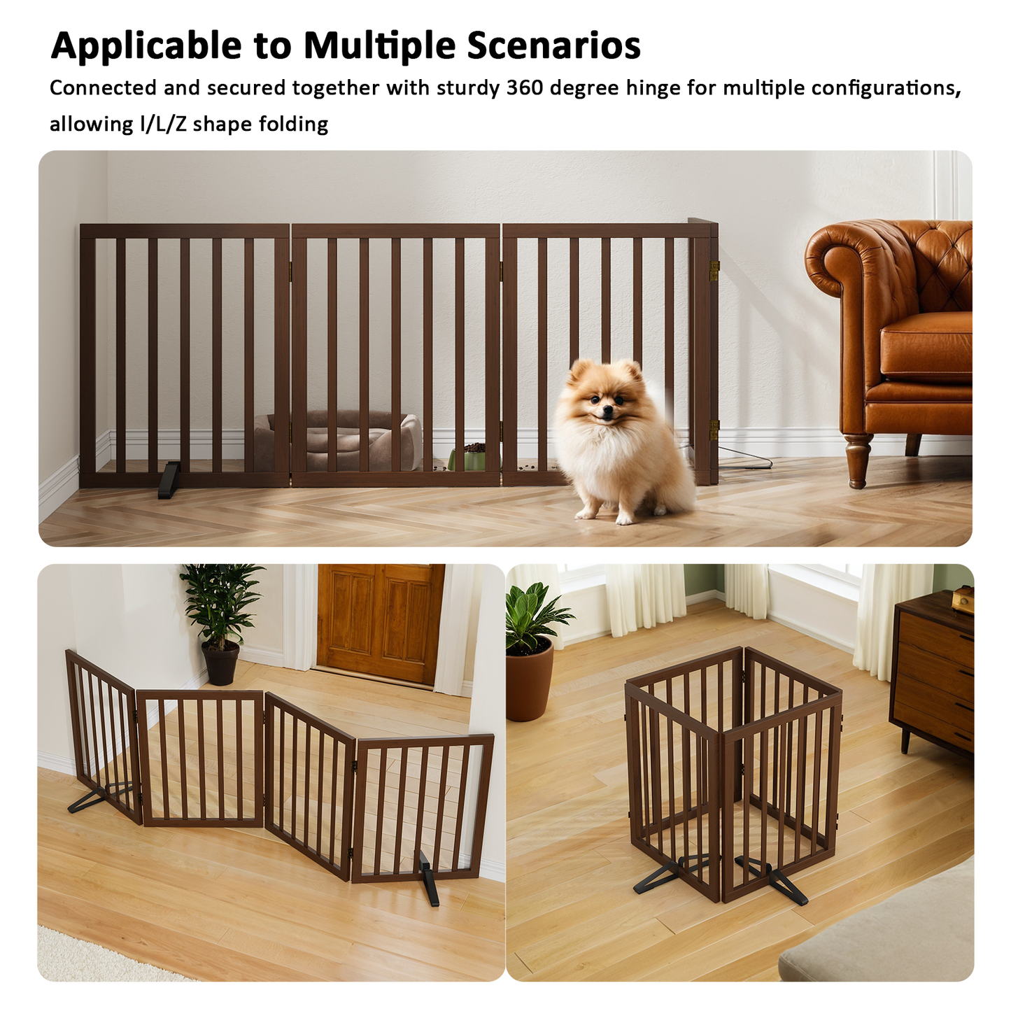 Smart FENDEE Bamboo Dog Gate Freestanding 4 Panel Pet Gate for Doorways, 2 Support Feet, Espresso