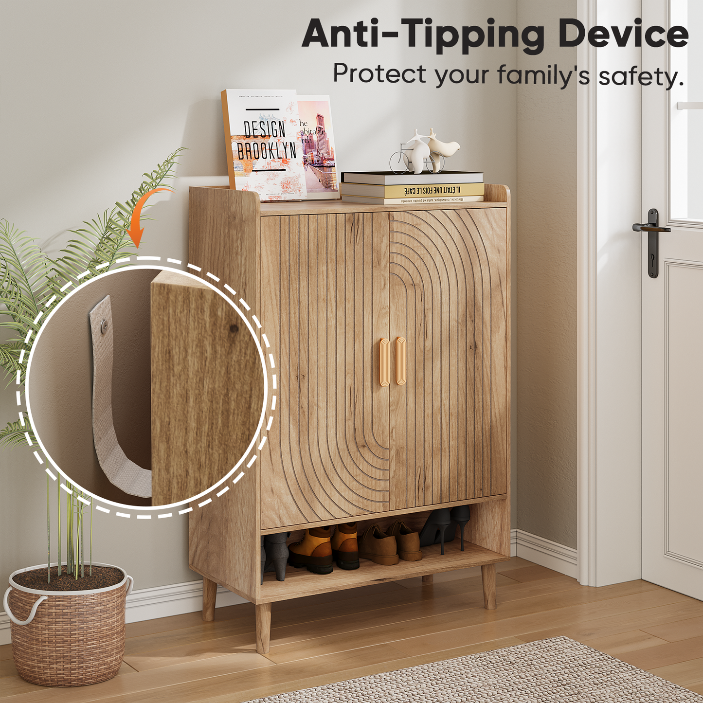 Semiocthome 6-Tier Shoe Cabinet with Line Groove Design and Adjustable Shelves for Entryway, Natural