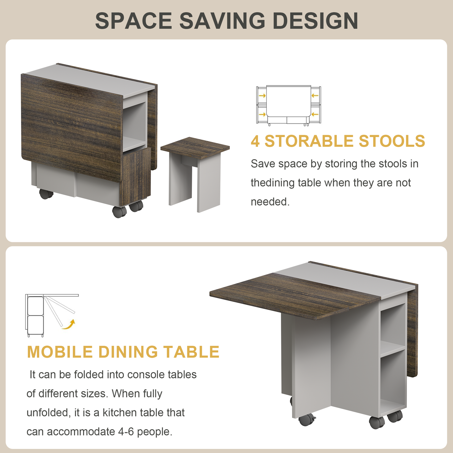 Algherohein Foldable Dinning Table Set for 4,Kitchen Dining Room Table with Storage and 6 Wheels,Brown