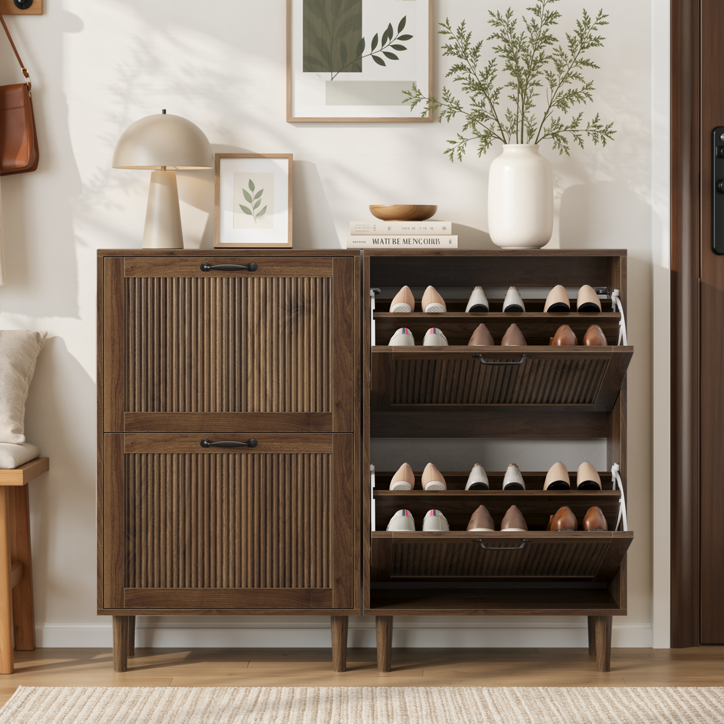 Algherohein Slim Hidden Shoe Cabinet with Fluted Doors, Flip Down Shoe Storage Cabinet Organizer, Freestanding Wood Entryway Shoe Rack