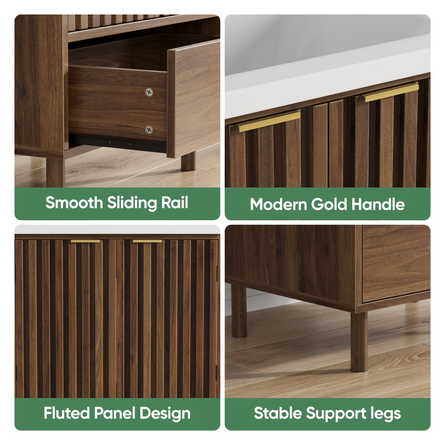 Semiocthome 24" Bathroom Vanity with Ceramic Sink, Storage Cabinet with 1 Drawers and 2 Fluted Doors, Walnut