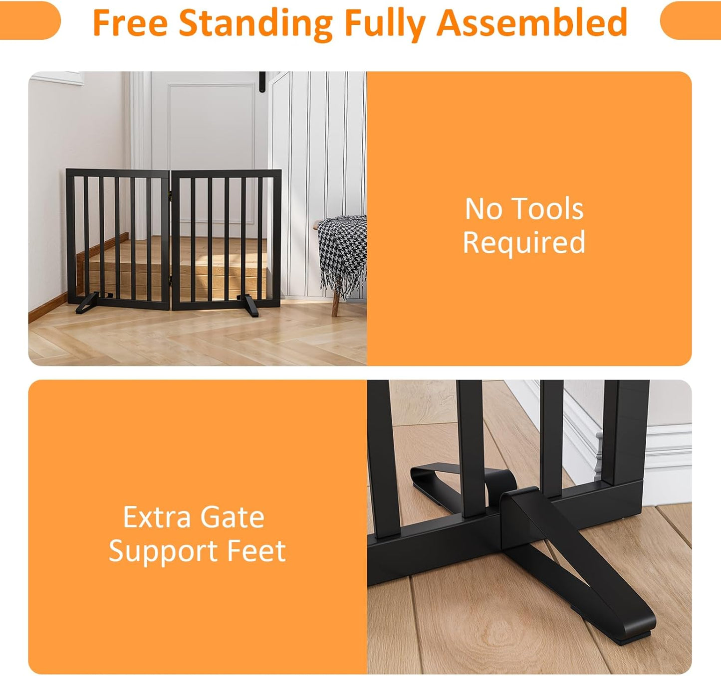 Smart FENDEE Bamboo Dog Gates for Doorways Freestanding Pet Gate, 2 Support Feet, 24"H, Black