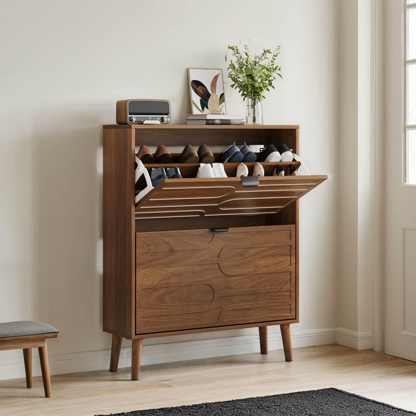 Semiocthome Shoe Cabinet with 2 Flip Drawers, Wood Shoe Organizer for Entryway, Walnut